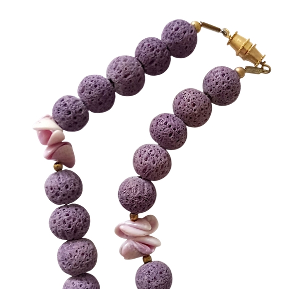 Vtg 80s Lava Bead Purple Puka Necklace Moonscape Volcanic Crater‎ Surfer Grunge - Picture 9 of 16